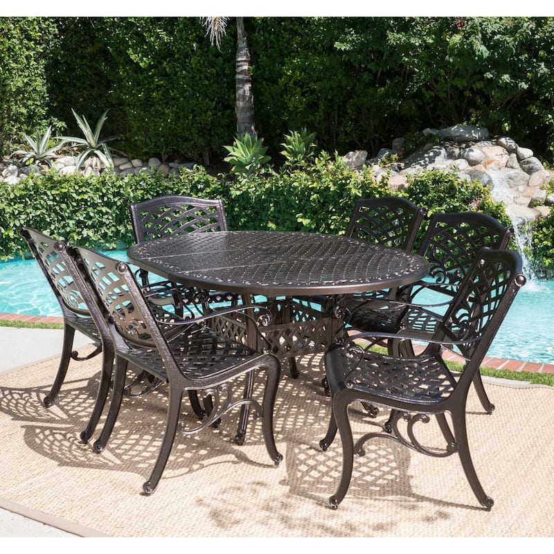 Windley Outdoor Expandable Aluminum Dining Set with Umbrella Hole by Christopher Knight Home - Hammered Bronze - 7-Piece Sets