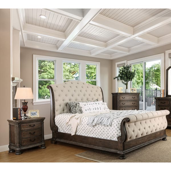 slide 2 of 10, Brev Transitional Brown Fabric Tufted 3-Piece Sleigh Bedroom Set by Furniture of America