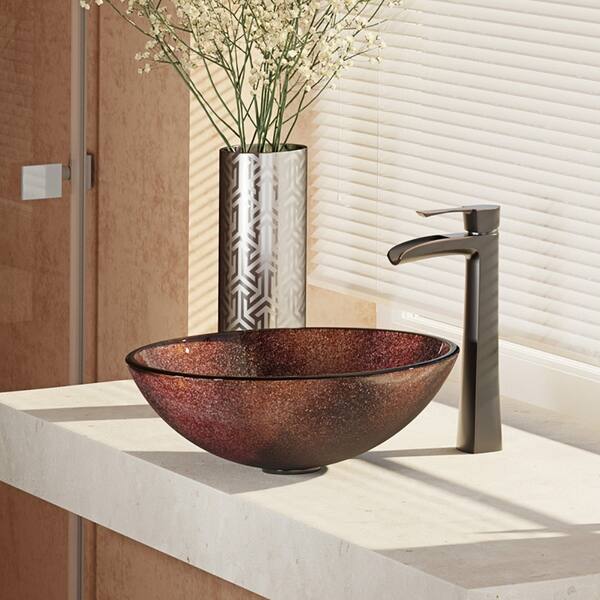 Glass Vessel Sink in Crystal with R9-7007 Faucet and Pop-Up Drain in Antique Bronze Glass Vessel Sink in Crystal with R9-7007 Faucet and Pop-Up Drain in Antique Bronze