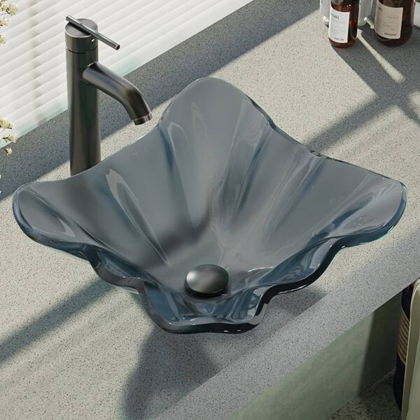 slide 2 of 6, R5-5012-R9-7001 Frosted Glass Vessel Sink with Faucet, Sink Ring, and Pop-Up Drain