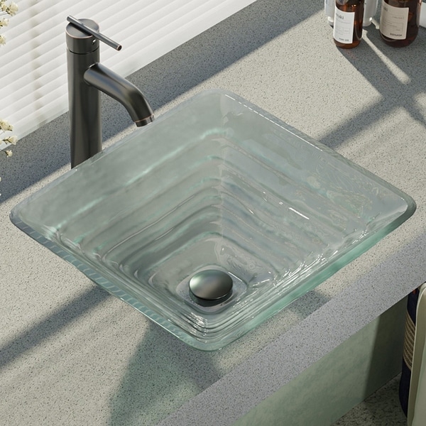 R5-5004-R9-7001 Glass Vessel Sink with Faucet, Sink Ring, and Pop-Up Drain. Opens flyout.