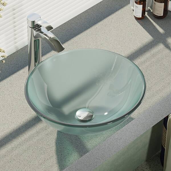 Glass Vessel Sink in Frosted with R9-7006 Faucet and Pop-Up Drain in Chrome Glass Vessel Sink in Frosted with R9-7006 Faucet and Pop-Up Drain in Chrome