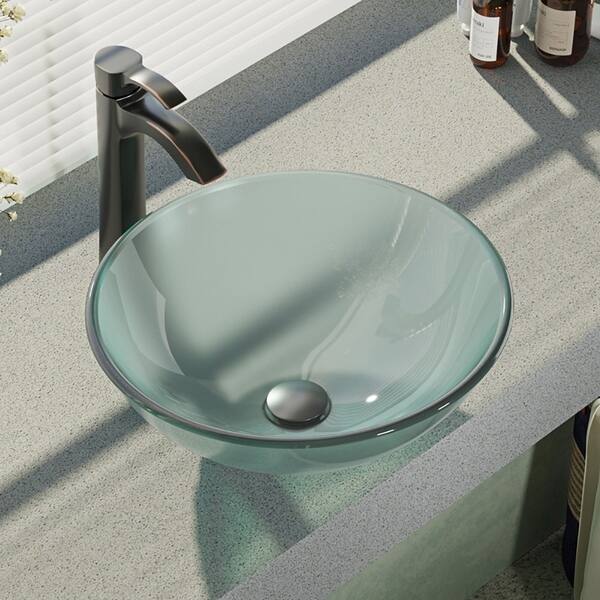 Glass Vessel Sink in Frosted with R9-7006 Faucet and Pop-Up Drain in Chrome Glass Vessel Sink in Frosted with R9-7006 Faucet and Pop-Up Drain in Chrome