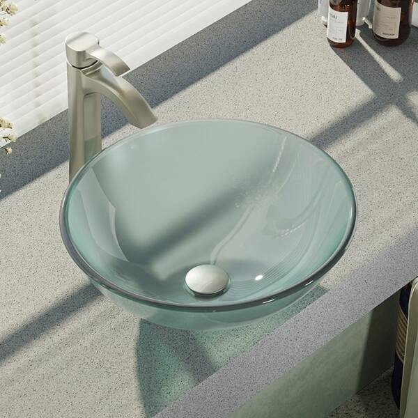 Glass Vessel Sink in Frosted with R9-7006 Faucet and Pop-Up Drain in Chrome Glass Vessel Sink in Frosted with R9-7006 Faucet and Pop-Up Drain in Chrome