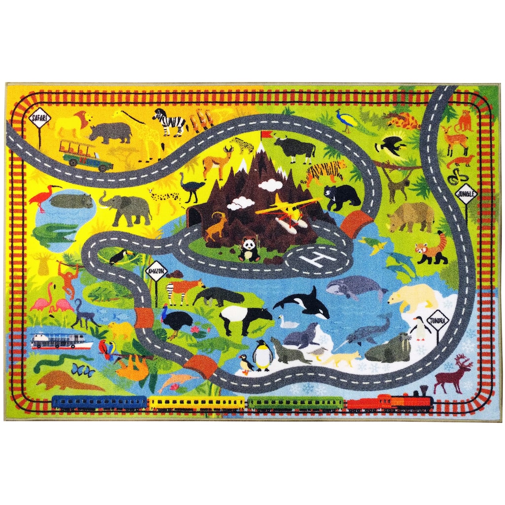 KC CUBS Animal Safari Road Map Blue Educational Area Rug