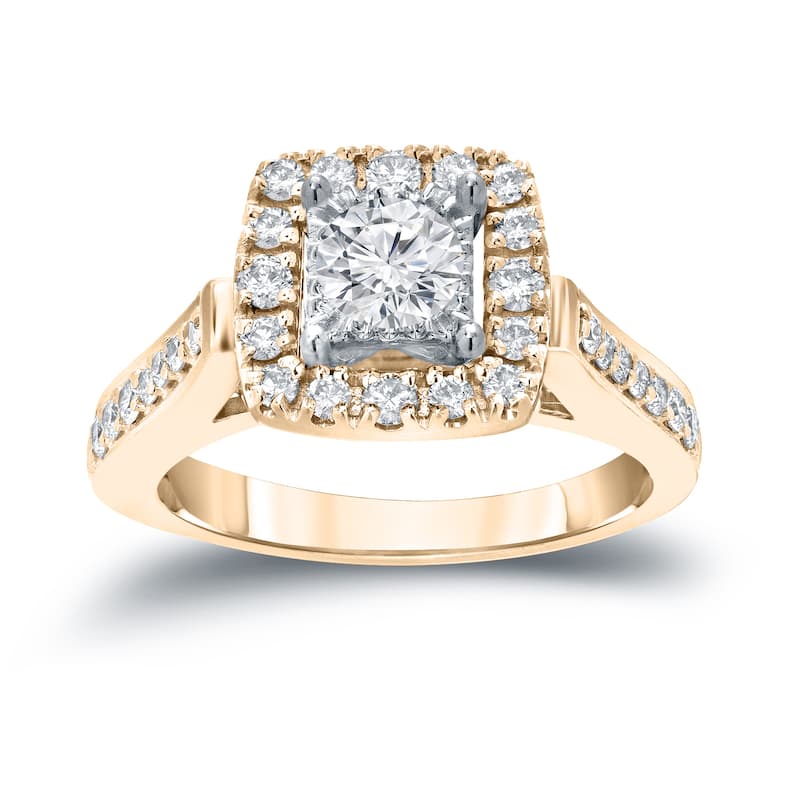 Round 7/8ct TDW Diamond Halo Engagement Ring in 14k Gold by Auriya (H-I, I1-I2)