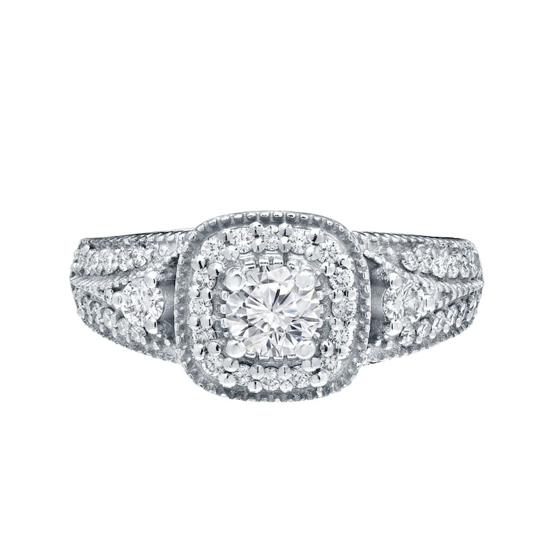 14k Gold Round 3/5ct TDW Vintage Three Stone Diamond Halo Engagement Ring by Auriya