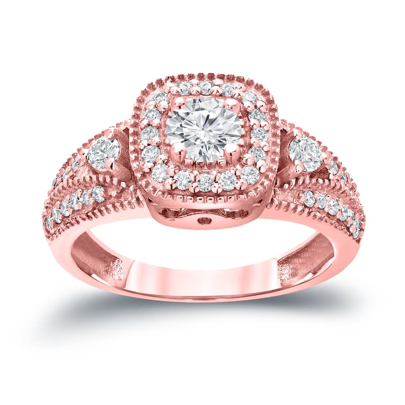 14k Gold Round 3/5ct TDW Vintage Three Stone Diamond Halo Engagement Ring by Auriya