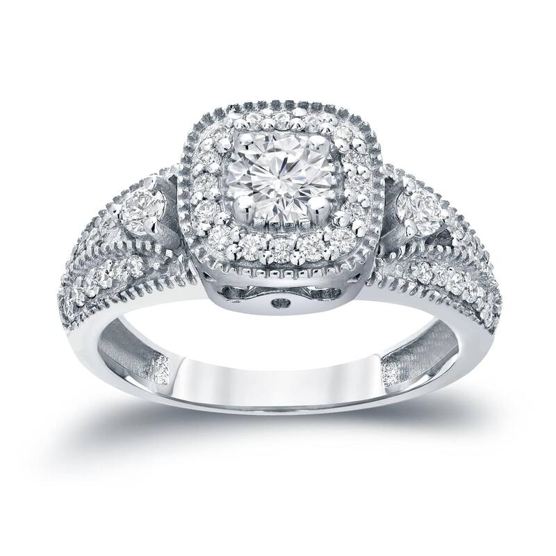 14k Gold Round 3/5ct TDW Vintage Three Stone Diamond Halo Engagement Ring by Auriya