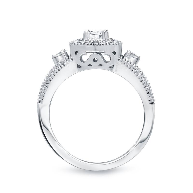 14k Gold Round 3/5ct TDW Vintage Three Stone Diamond Halo Engagement Ring by Auriya