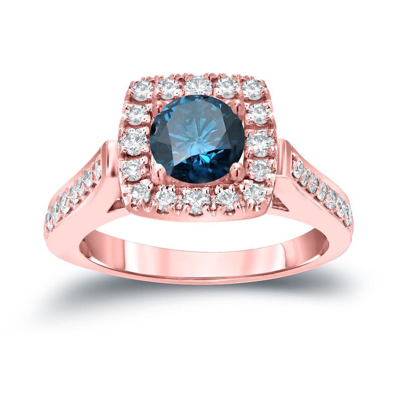 Round 7/8ct TDW Blue Diamond Halo Engagement Ring in 14k Gold by Auriya