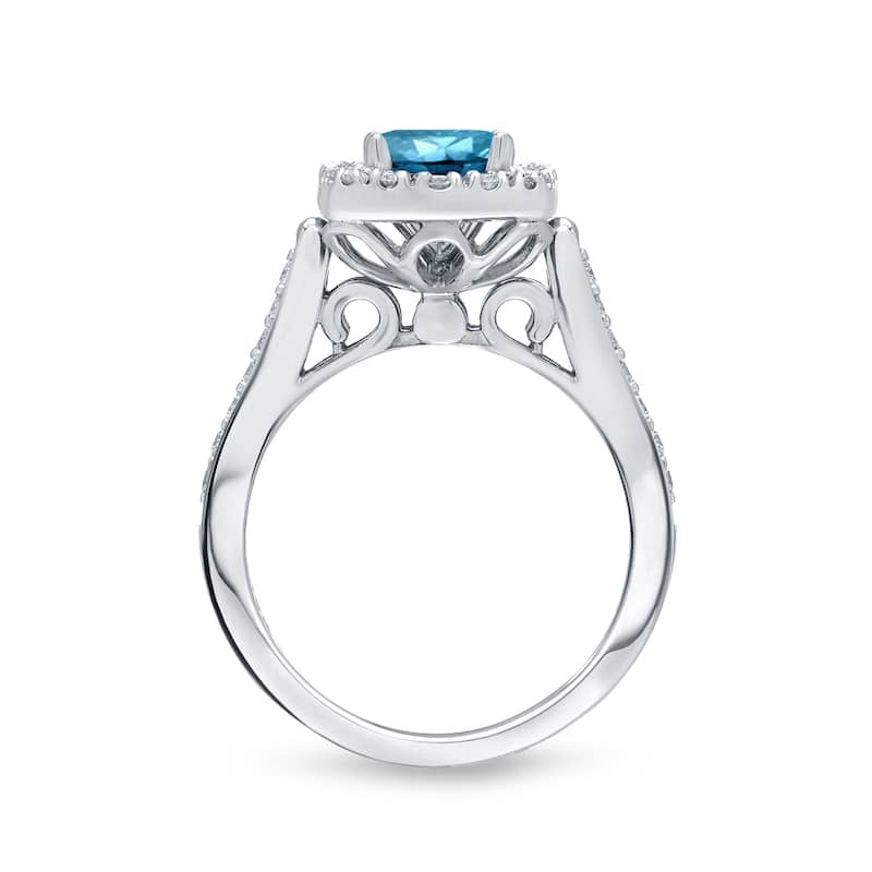 Round 7/8ct TDW Blue Diamond Halo Engagement Ring in 14k Gold by Auriya