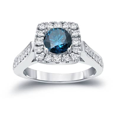 Round 7/8ct TDW Blue Diamond Halo Engagement Ring in 14k Gold by Auriya