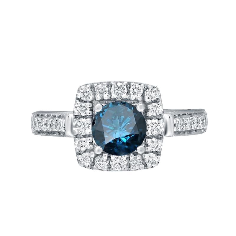 Round 7/8ct TDW Blue Diamond Halo Engagement Ring in 14k Gold by Auriya