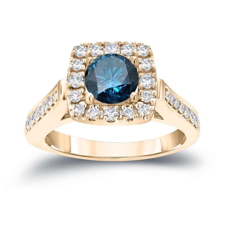 Round 7/8ct TDW Blue Diamond Halo Engagement Ring in 14k Gold by Auriya