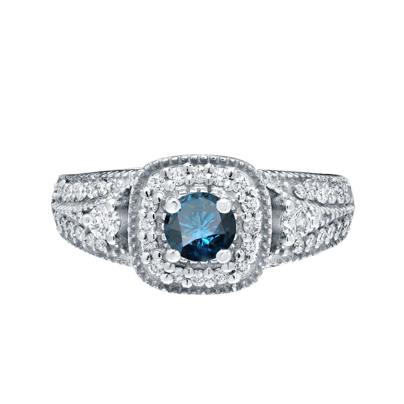 14k Gold Round 3/5ct TDW Vintage Three Stone Blue Diamond Halo Engagement Ring by Auriya