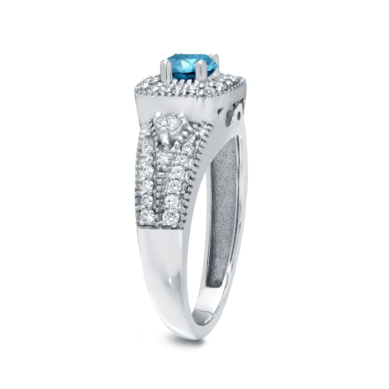 14k Gold Round 3/5ct TDW Vintage Three Stone Blue Diamond Halo Engagement Ring by Auriya