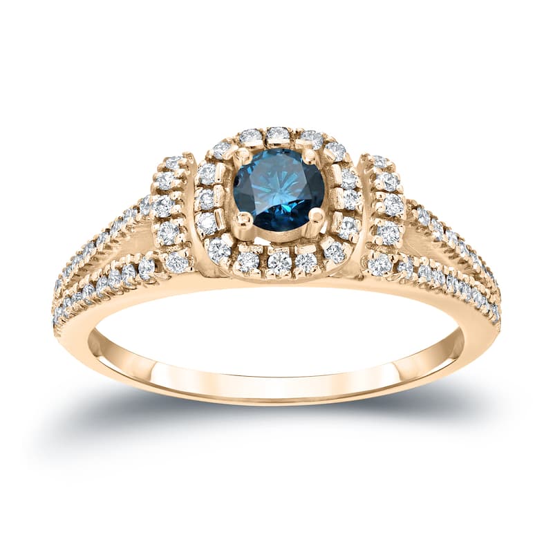 14k Gold Round 1/2ct TDW Split Shank Blue Diamond Halo Engagement Ring by Auriya (H-I, I1-I2)