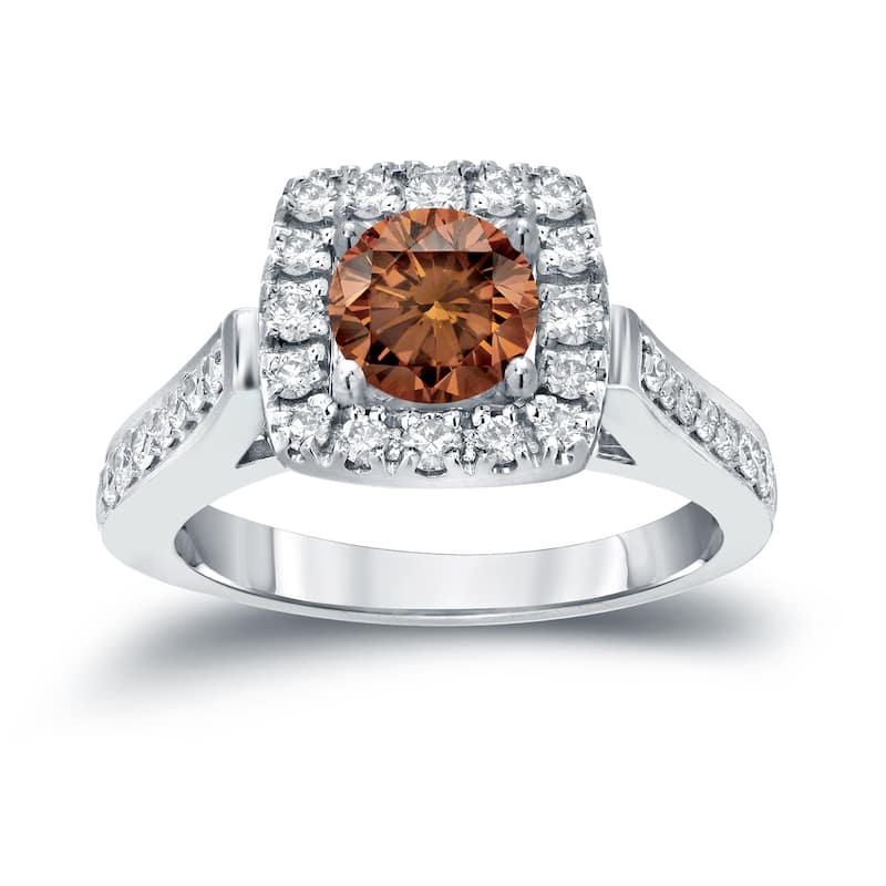 Round 7/8ct TDW Brown Diamond Halo Engagement Ring in 14k Gold by Auriya