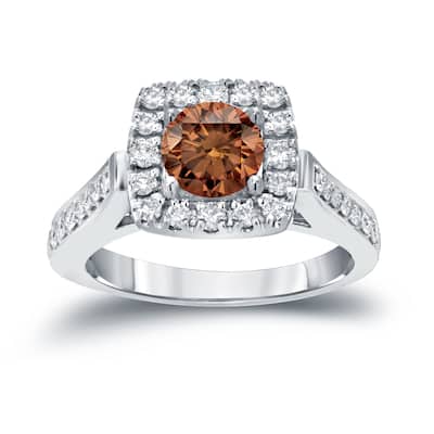 Round 7/8ct TDW Brown Diamond Halo Engagement Ring in 14k Gold by Auriya