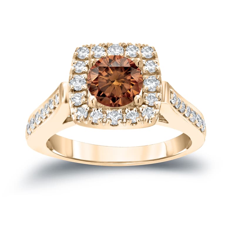 Round 7/8ct TDW Brown Diamond Halo Engagement Ring in 14k Gold by Auriya