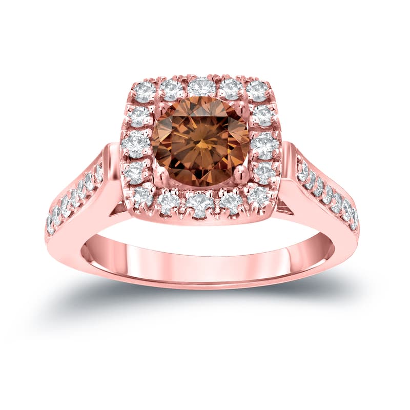 Round 7/8ct TDW Brown Diamond Halo Engagement Ring in 14k Gold by Auriya