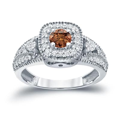 14k Gold Round 3/5ct TDW Vintage Three Stone Brown Diamond Halo Engagement Ring by Auriya (H-I, I1-I2)