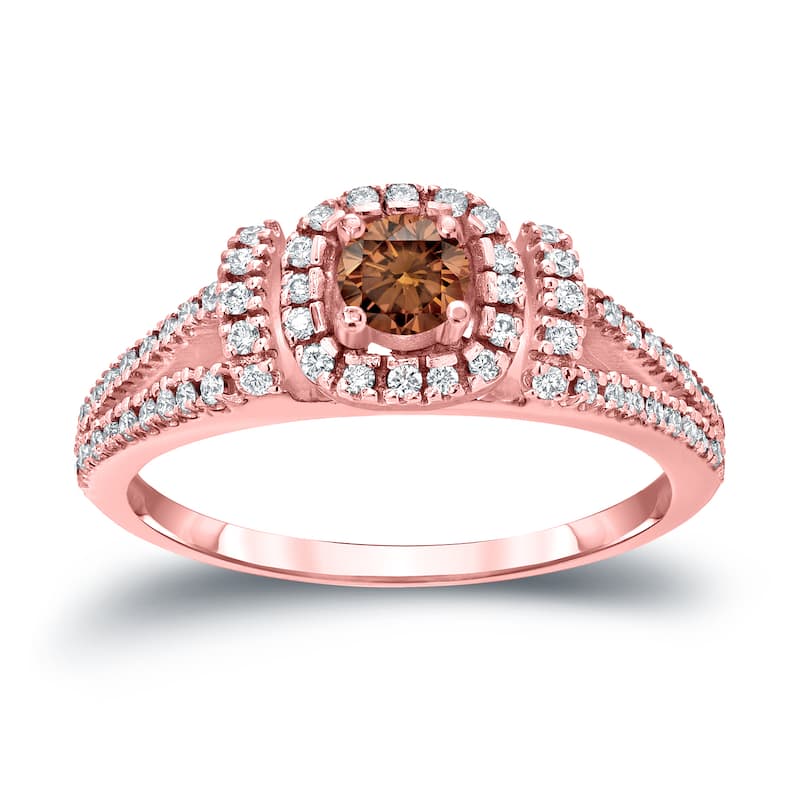 14k Gold Round 1/2ct TDW Split Shank Brown Diamond Halo Engagement Ring by Auriya (I1-I2)