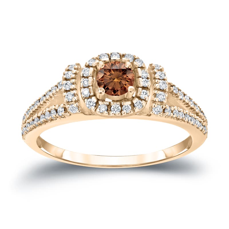 14k Gold Round 1/2ct TDW Split Shank Brown Diamond Halo Engagement Ring by Auriya (I1-I2)