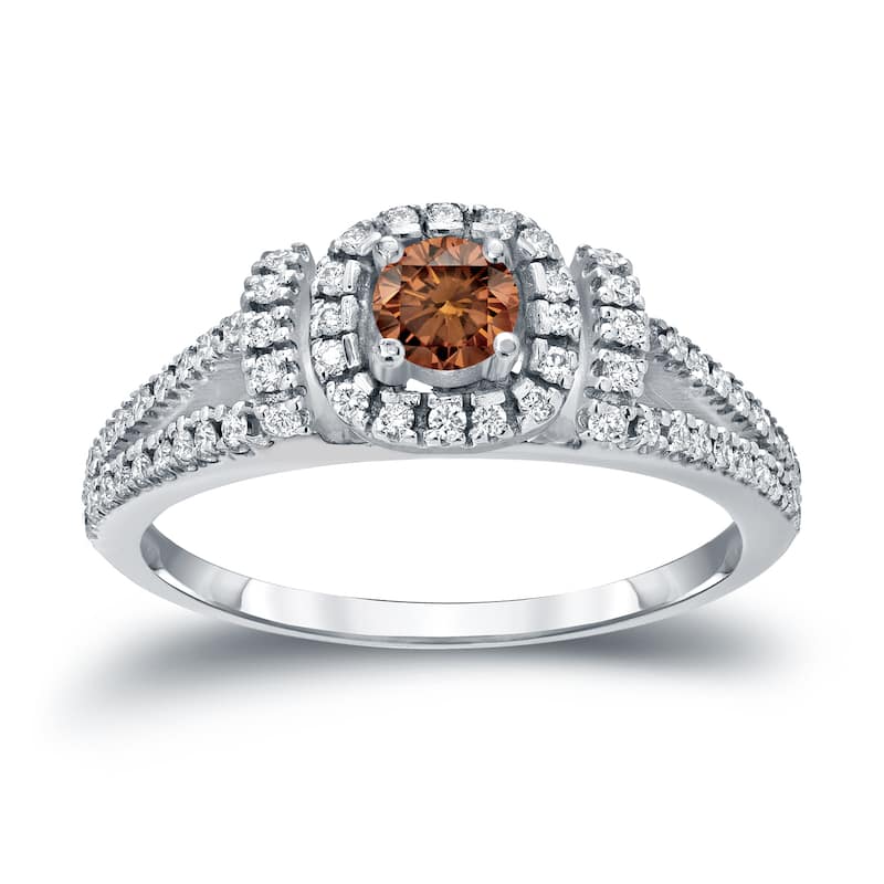 14k Gold Round 1/2ct TDW Split Shank Brown Diamond Halo Engagement Ring by Auriya (I1-I2)