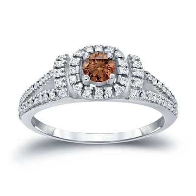 14k Gold Round 1/2ct TDW Split Shank Brown Diamond Halo Engagement Ring by Auriya (I1-I2)