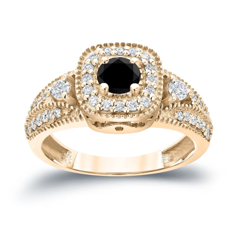 Auriya 14k Gold 3/5ctw Unique Halo Black Diamond Engagement Ring H-I, I1-I2 - 7.5 - Yellow