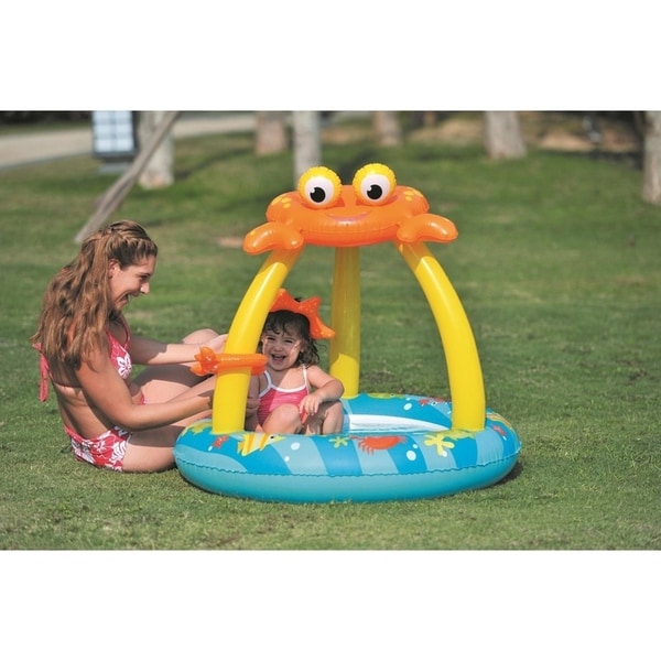 39" Blue and Yellow Inflatable Baby Swimming Pool with Crab Canopy