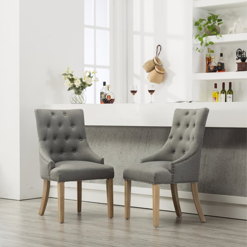 Roundhill Furniture Tufted Solid Wood Silver Nailhead Wingback Hostess Chairs (Set of 2) - Grey