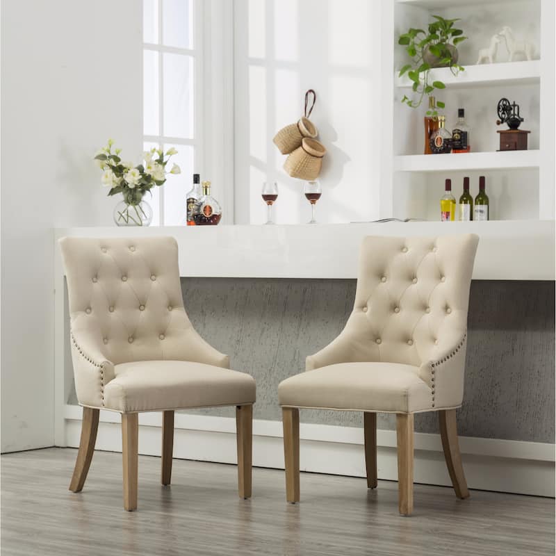 Roundhill Furniture Tufted Solid Wood Silver Nailhead Wingback Hostess Chairs (Set of 2) - Tan
