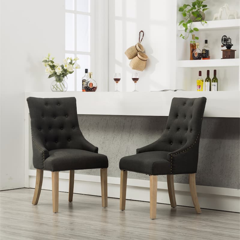 Roundhill Furniture Tufted Solid Wood Silver Nailhead Wingback Hostess Chairs (Set of 2) - Charcoal