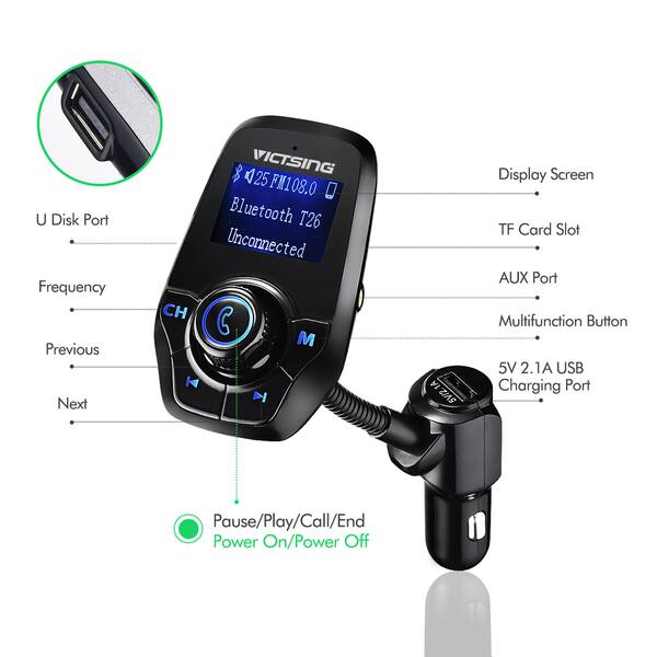 Silver Wireless Bluetooth FM Radio Adapter Car Kit with Hands-Free Calling Bluetooth FM Transmitter for Car, Rotating Design 5V//2.4A/&2.4 Concealled Dual USB Charging Ports.