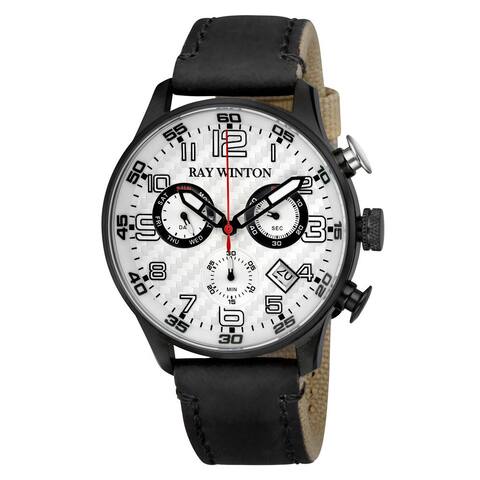 Ray Winton Men's 4 Sport Chronograph Textured Black Dial Brown Leather/Fabric Watch