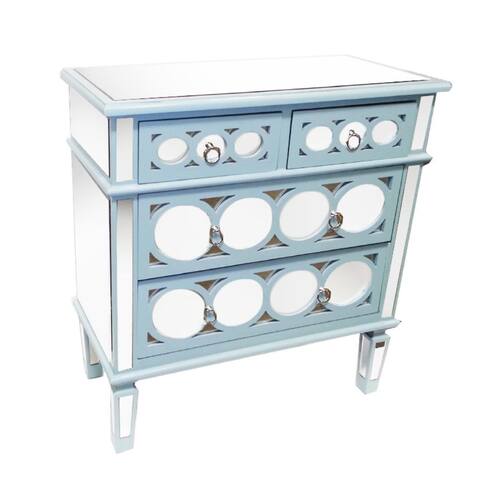 32 Inch Mirrored Accent Chest, 4 Drawers, Round Wood Cut Outs, Blue