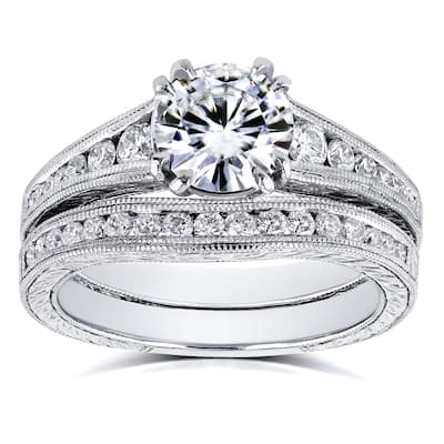 Annello by Kobelli 14k White Gold 1 1/2ct TGW Forever One Moissanite and Diamond Bridal Set