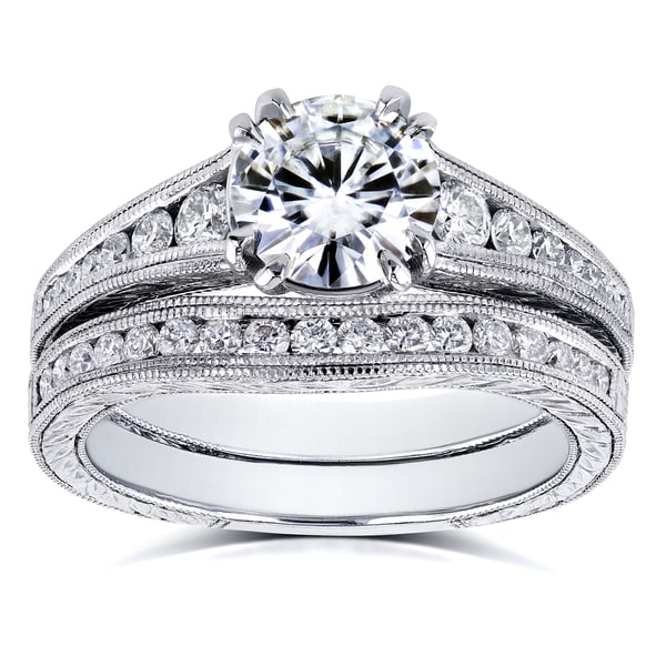 Annello by Kobelli 14k White Gold 1 1/2ct TGW Forever One Moissanite and Diamond Bridal Set. Opens flyout.