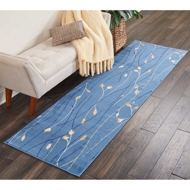 Nourison Grafix Floral Botanical Transitional Area Rug - 2'3" x 7'6" Runner - Light Blue