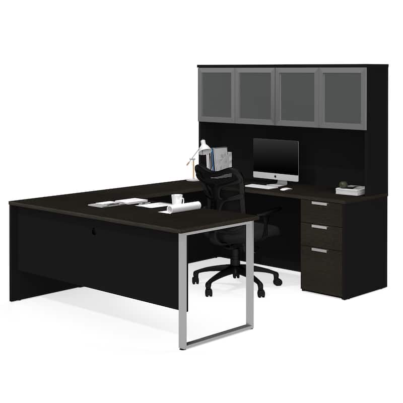 Bestar Pro-Concept Plus U-Desk with Frosted Glass Door Hutch - Black