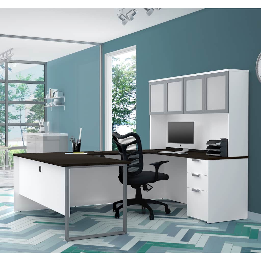 Bestar Pro-Concept Plus U-Desk with Frosted Glass Door Hutch