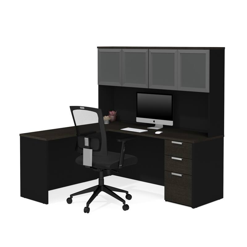 Bestar Pro-Concept Plus L-Desk with Frosted Glass Door Hutch - Black