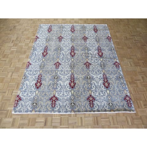 Hand-knotted Ikat Greyish-Blue Wool Oriental Rug - 7'10 x 9'10
