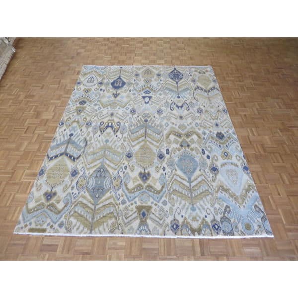 slide 1 of 12, Hand-knotted Ikat Ivory Wool Oriental Rug - 8'0 x 10'5