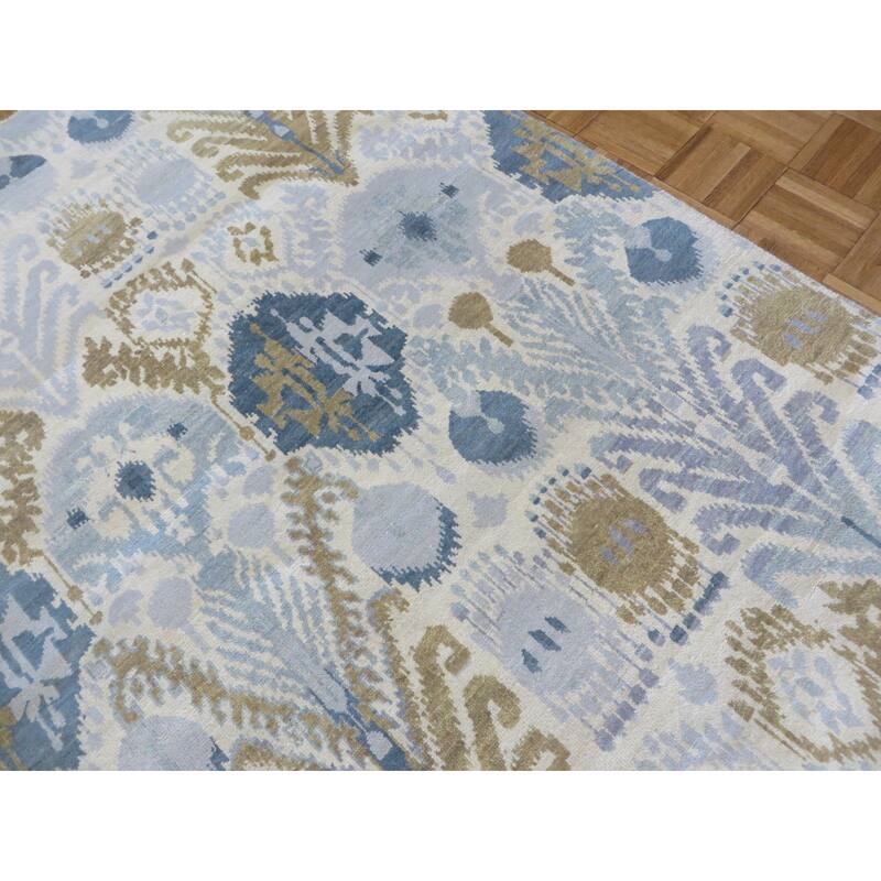 Handknotted Ikat Sky Blue Wool Oriental Rug 8'0 x 9'9 Bed Bath