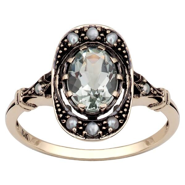 Viducci 10k Yellow Gold Vintage Style Green Amethyst And Pearl Ring Overstock 16836723