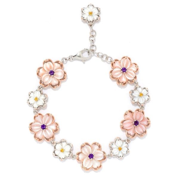Michael Valitutti Palladium Silver Mother-of-Pearl Carved Flower & Gemstone Bracelet